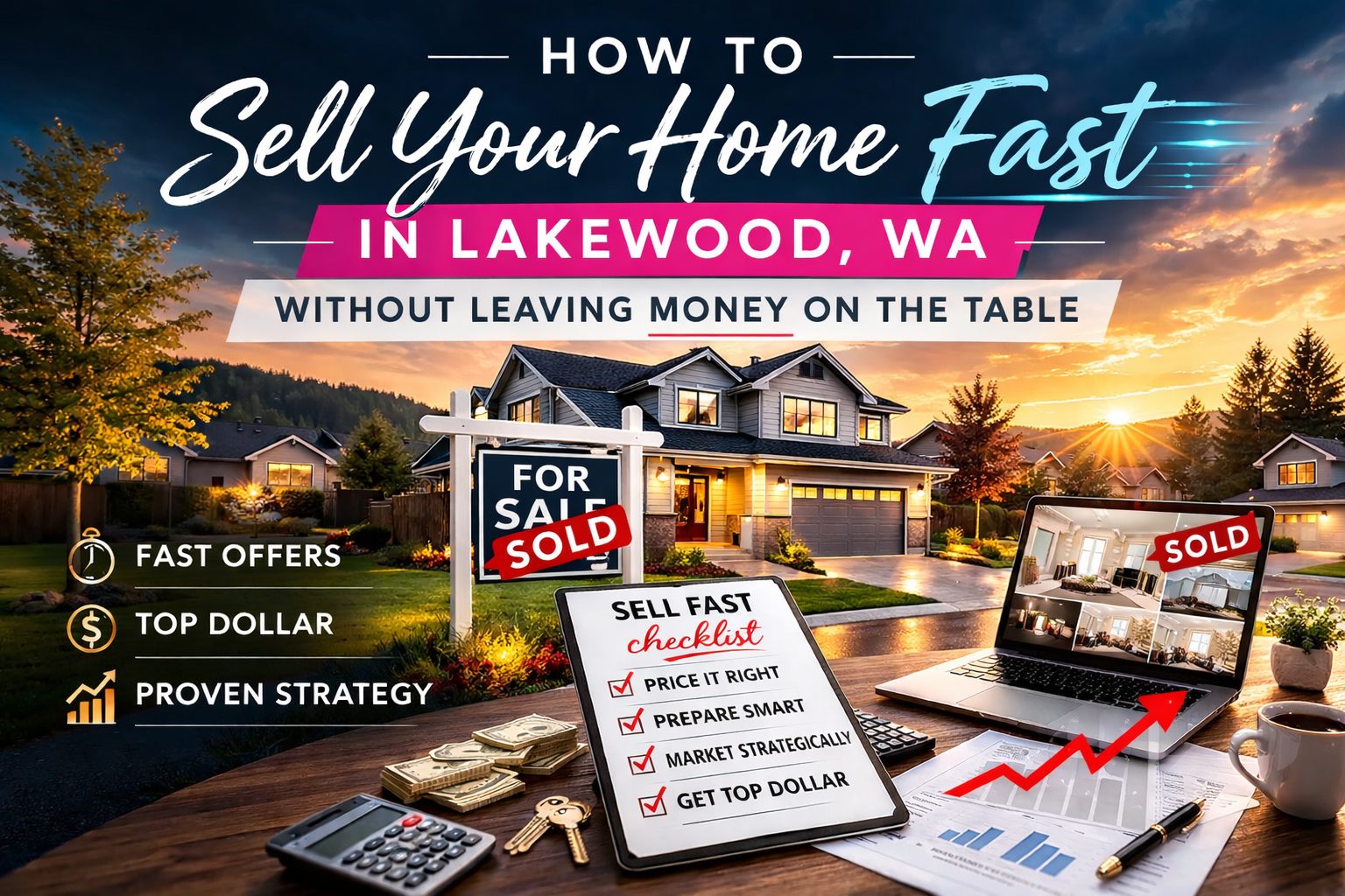 Marketing graphic showing a modern home at sunset with the headline “How to Sell Your Home Fast in Lakewood, WA,” featuring a sold sign, pricing checklist, laptop with listing photos, and emphasis on fast offers and top dollar.